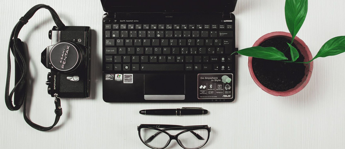 Foto-Assemblage mit Laptop, Kamera, Brille, Stift und Pflanze